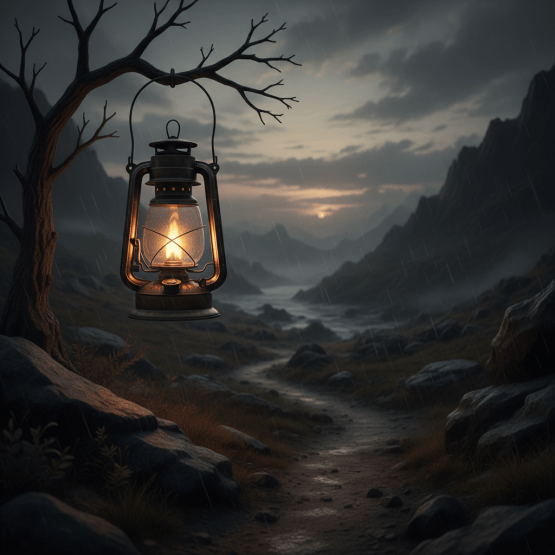 Lit lantern hanging from a tree over a path through a rainy mountain valley.