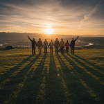Group holding hands silhouetted against a sunset over a scenic river valley.