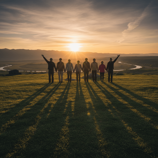 Group holding hands silhouetted against a sunset over a scenic river valley.