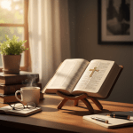 Open Bible on a wooden stand with a steaming mug and spectacles on a desk.