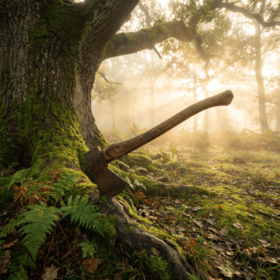 A rusty axe stuck in a mossy tree trunk in a misty, sunlit forest.