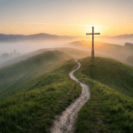 A winding path leads to a wooden cross on a misty hilltop at sunrise.