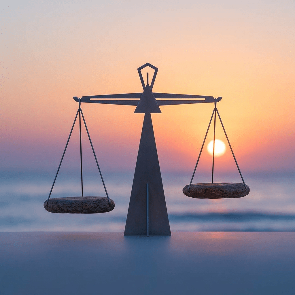 Metal scales with stone pans perfectly balanced against a coastal sunset background.