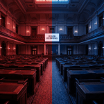 Empty legislative chamber split by red and blue light with a screen reading SESSION RECONVENES.