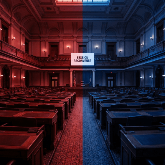 Empty legislative chamber split by red and blue light with a screen reading SESSION RECONVENES.