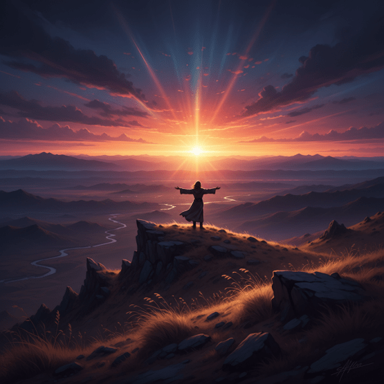 Silhouette of a figure with outstretched arms on a cliff overlooking a sunrise mountain landscape.