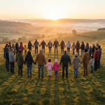 Diverse group holding hands in a circle behind a banner reading "COMMUNITY RISING" at sunrise.