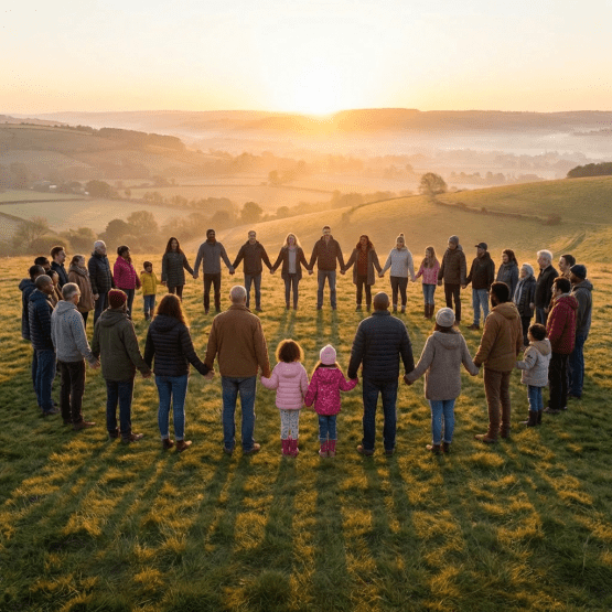 Diverse group holding hands in a circle behind a banner reading "COMMUNITY RISING" at sunrise.