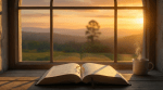 Open book and steaming mug on a wooden windowsill overlooking a sunset landscape.