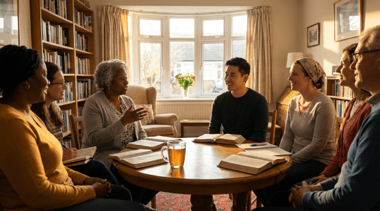 A diverse group of people gathered around a table for a book study and discussion.