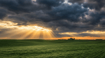 Sunbeams breaking through dark storm clouds over rolling green hills and a distant farmhouse.