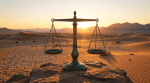 Bronze justice scales balanced on a rock in a vast desert landscape at sunset.