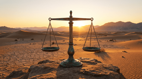 Bronze justice scales balanced on a rock in a vast desert landscape at sunset.