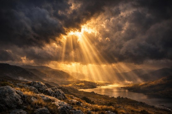 Sunlight beams breaking through dark storm clouds above a rocky valley with a river flowing through it