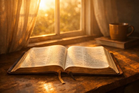Open vintage book on wooden table with sunlight streaming through window and curtains