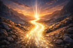 A winding glowing golden path sparkling through a rocky mountain landscape under a colorful sunset sky.