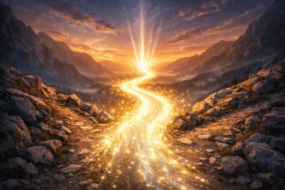 A winding glowing golden path sparkling through a rocky mountain landscape under a colorful sunset sky.