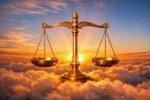 Golden balance scales floating above colorful clouds with sunrise in the background