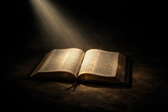 Open Bible illuminated by a beam of light in darkness