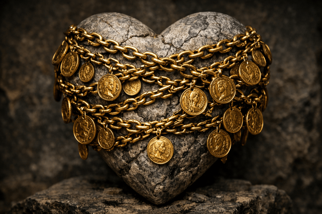 Heart-shaped stone wrapped with gold chains holding multiple antique coin pendants