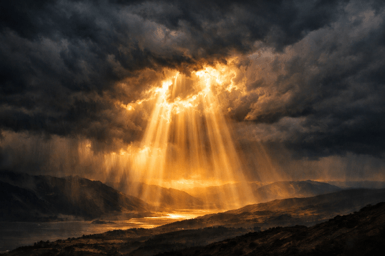 Sun rays breaking through dark clouds onto mountains and river