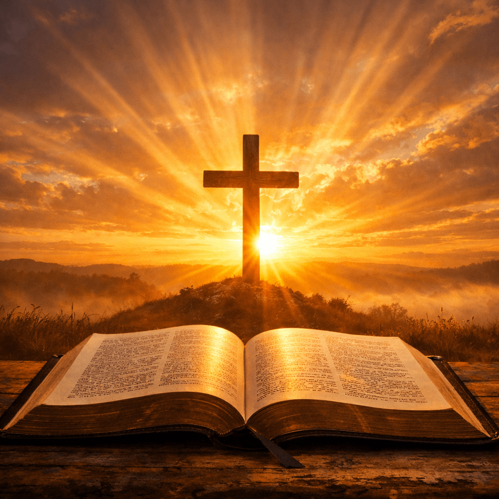 Open Bible on wooden surface facing a cross with radiant sunrise