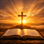 Open Bible on wooden surface facing a cross with radiant sunrise