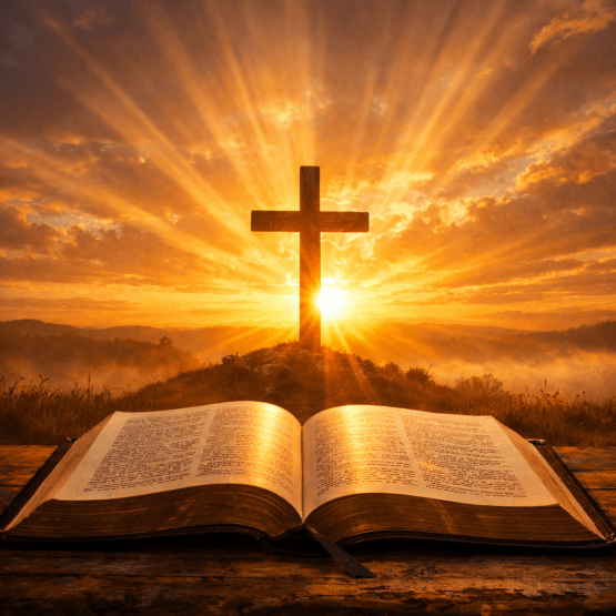 Open Bible on wooden surface facing a cross with radiant sunrise