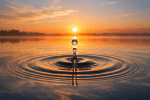 Water drop suspended above lake surface reflecting sunrise with ripples around it