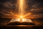 Open Bible on wooden surface with sunlight beam and cloudy sky