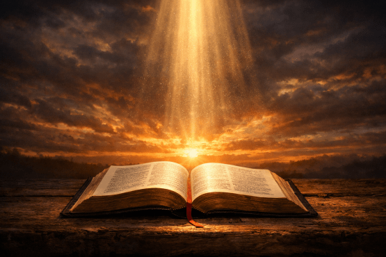 Open Bible on wooden surface with sunlight beam and cloudy sky