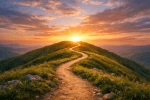 A dirt path winding up a grassy mountain ridge under a colorful sunset sky