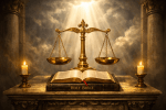 Open Holy Bible on a marble altar with golden scales of justice and two lit candles