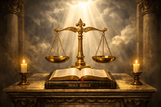 Open Holy Bible on a marble altar with golden scales of justice and two lit candles
