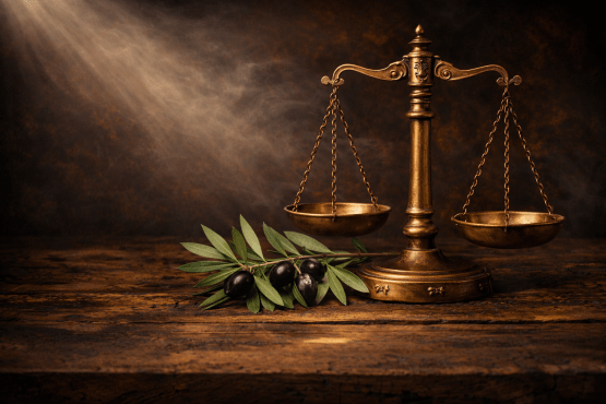 Wooden crown, olive branch, and brass balance scales on a wooden surface