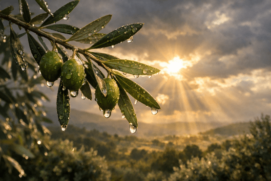 Olive branch with green olives and dew drops at sunrise