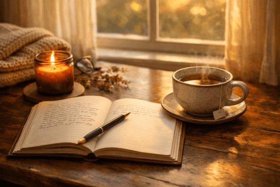 Open journal with pen, steaming tea cup, lit candle, and cozy setting by window