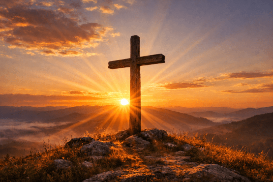 Wooden cross on a hill at sunrise with sun rays spreading through clouds over mountains