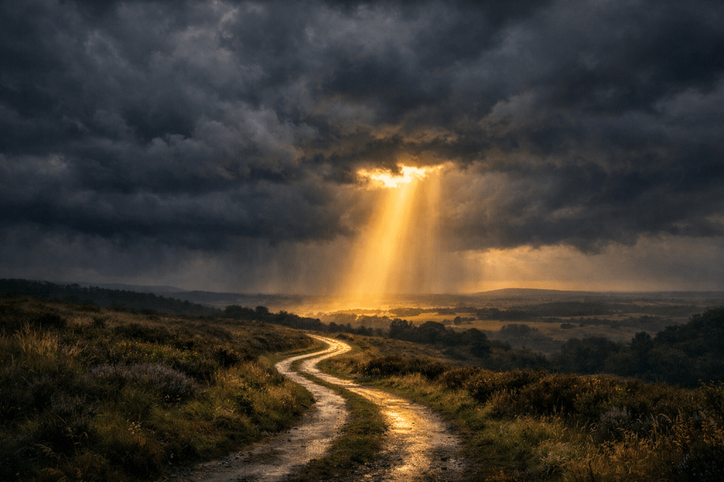 Winding dirt path under dark storm clouds with golden sunlight beam