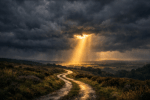 Winding dirt path under dark storm clouds with golden sunlight beam