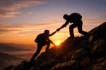Two hikers on rocky mountain terrain exchanging a helping hand with sunset background