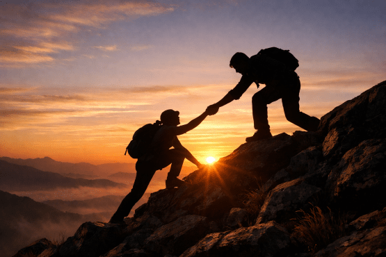 Two hikers on rocky mountain terrain exchanging a helping hand with sunset background