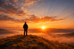 Silhouette of a person standing on a hilltop watching sunrise over misty mountains
