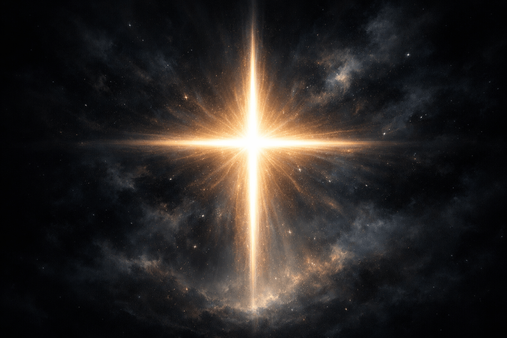 Bright glowing cross of light with cosmic dust and stars