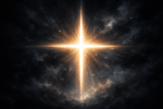 Bright glowing cross of light with cosmic dust and stars