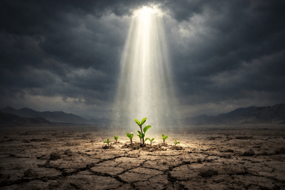 Small green plants growing from cracked dry soil with sunbeam shining through dark clouds