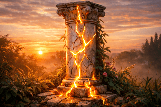 Ancient cracked stone column glowing with orange light at sunset surrounded by plants