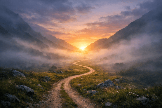 Winding dirt path in a foggy mountain valley during sunrise