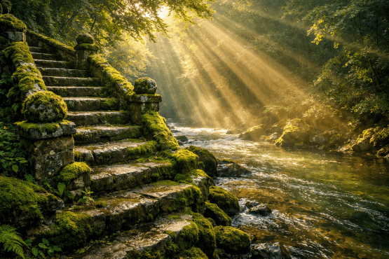 Stone steps covered in moss next to a flowing river with sunlight filtering through trees
