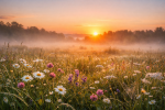 Wildflower meadow with daisies and clover at sunrise with dew and mist